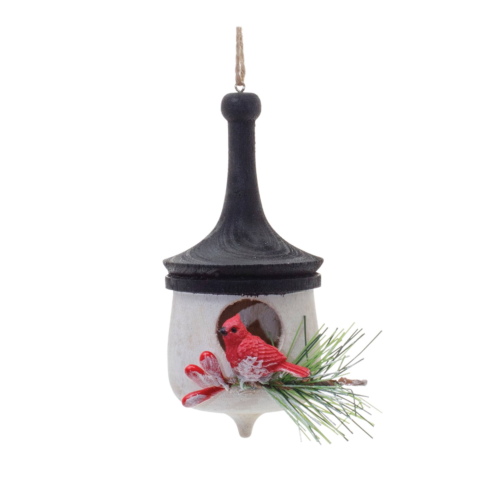 Wood Finial Birdhouse with Cardinal Ornaments Set